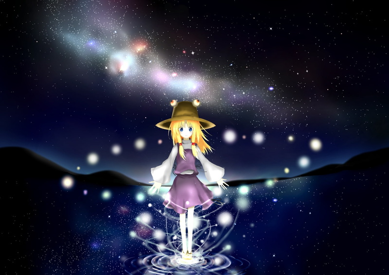 720P, suwako, hat, moriya, yuu rin, touhou, stars, night, water