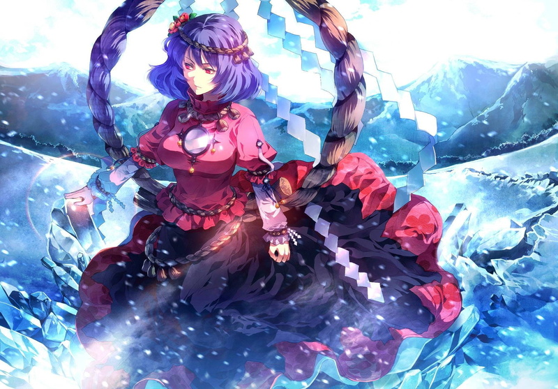 leisure activity, close-up, anime girls, winter, reflection, water, outdoors, Touhou, day, snow, Yasaka Kanako, no people, human representation, frozen