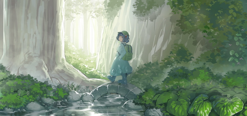 front view, standing, land, lifestyles, young adult, tree, beautiful woman, casual clothing, touhou, 1080P, kawashiro nitori, walking, growth, green color
