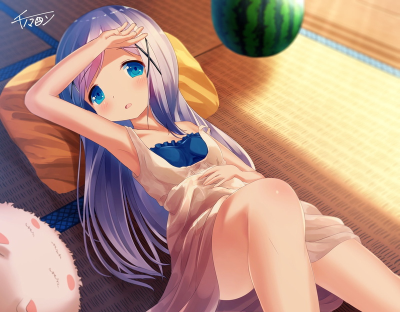 desu, konachan, chinomaron, signed, fruit, eyes, 246537, watermelon, food, loli, ka-, hair, chino, dress, com, kafuu, gochuumon, aqua, 720P, usagi, blush