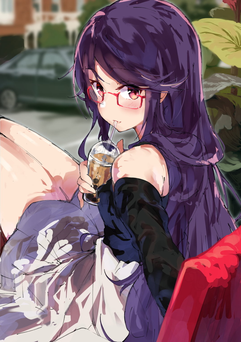 purple hair, long hair, Virtual Youtuber, Nijisanji, anime girls, 720P, red eyes, glasses, anime