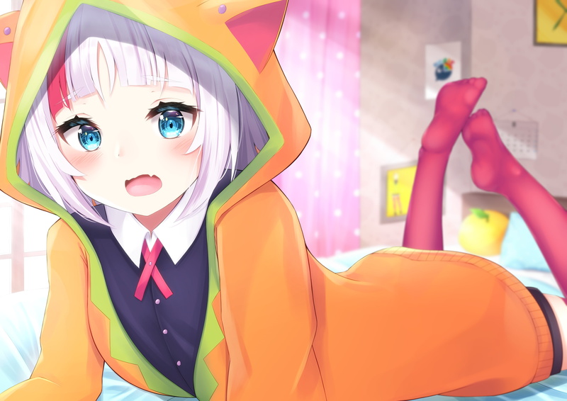 indoors, ears, real people, lifestyles, representation, yuzu, thighhighs, close-up, day, front view, leisure activity, short, hair, women, 2K, white, nijisanji