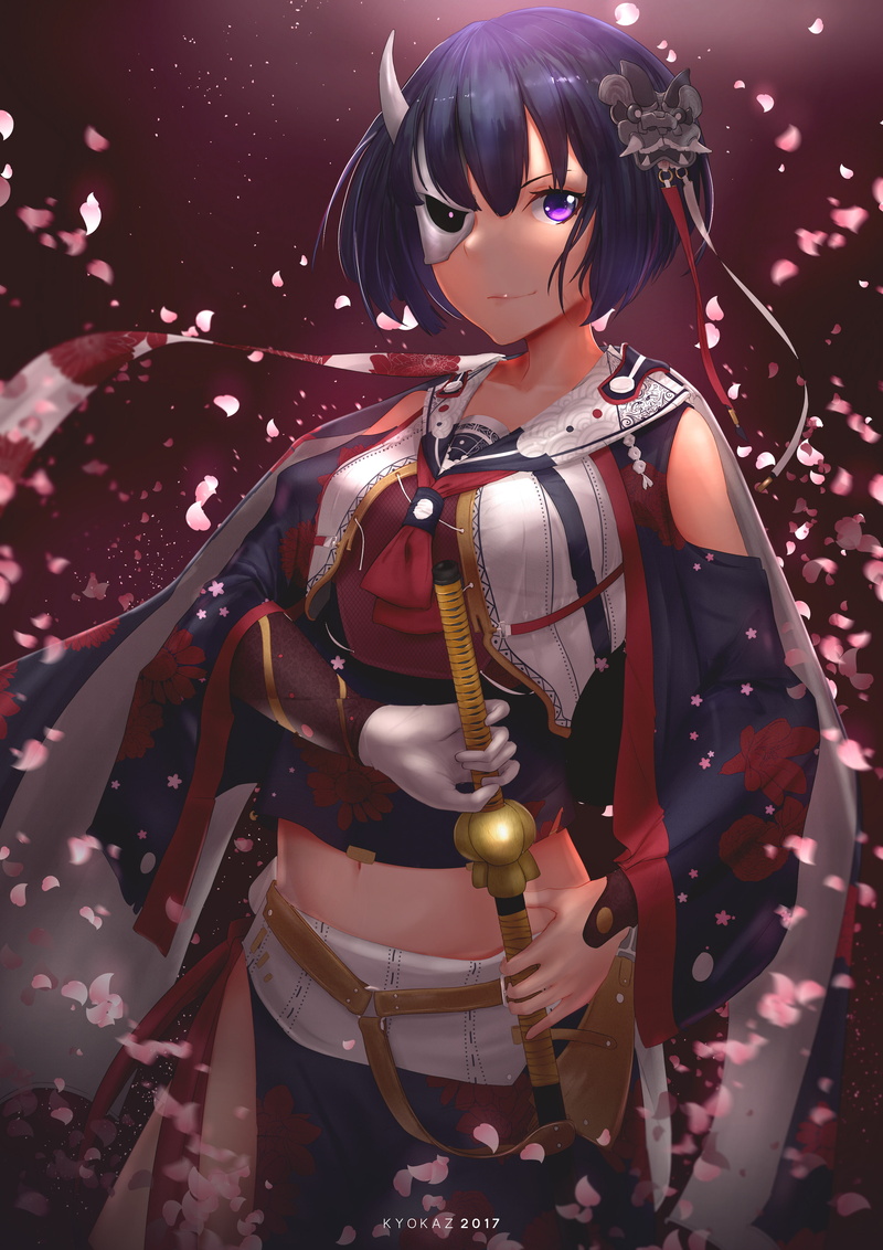 4K, Japanese clothes, sword, horns, mask, purple hair, purple eyes, short hair, Onigawara Rin, Busou Shoujo Machiavellianism
