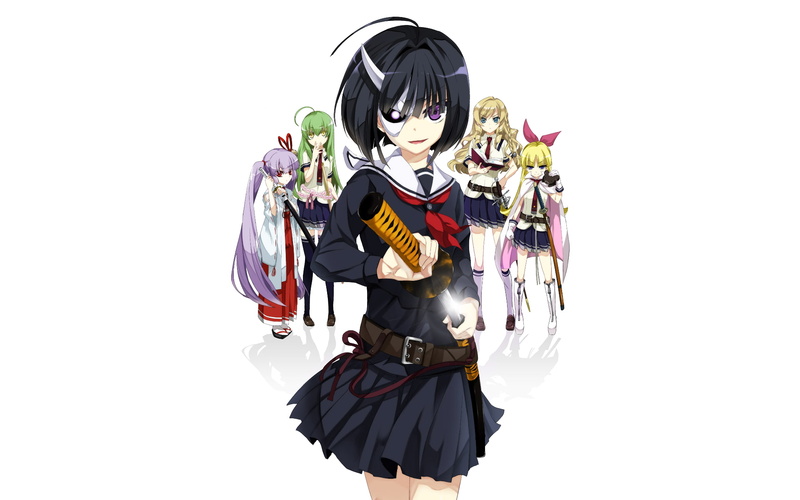 Chōka U Barazaki, 1080P, Onigawara Rin, Inaba Tsukuyo, katana, Tamaba Satori, Busou Shoujo Machiavellianism, anime girls, sword, simple background, Mary