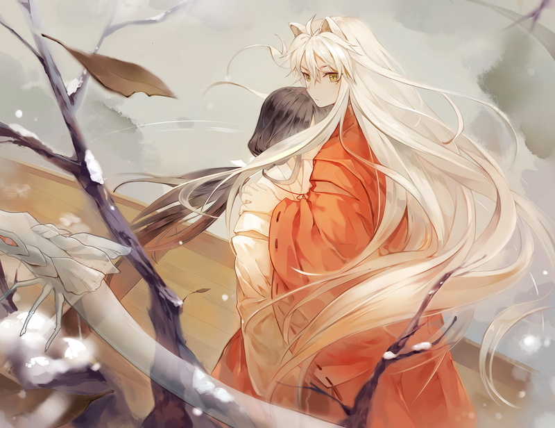 2D, white hair, snow, animal ears, Inuyasha, yellow eyes, anime girls, black hair, winter, Kikyo, hugging, anime boys, long hair, yokai, kimono, fan art