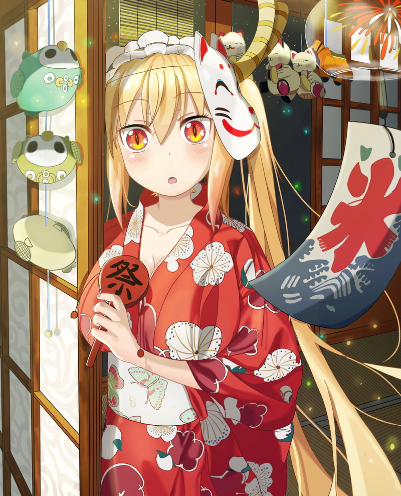 1080P, blond hair, kimono, Japanese clothes, drawing, horns, anime, anime girls, maid, 2D, Kobayashi-san Chi no Maid Dragon, blonde, twintails, dragon girl