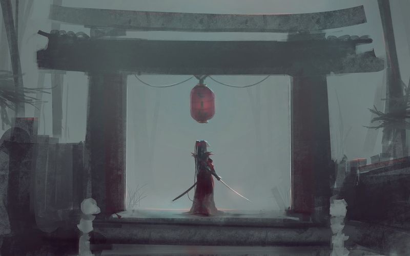painting, katana, temple, back view, 4K, Anime, shrine, artwork, anime girl