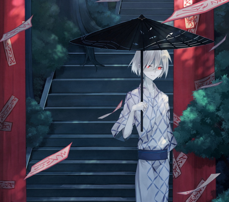 Kimono, Anime, 1080P, White Hair, Shrine, Red Eyes, Original, Boy