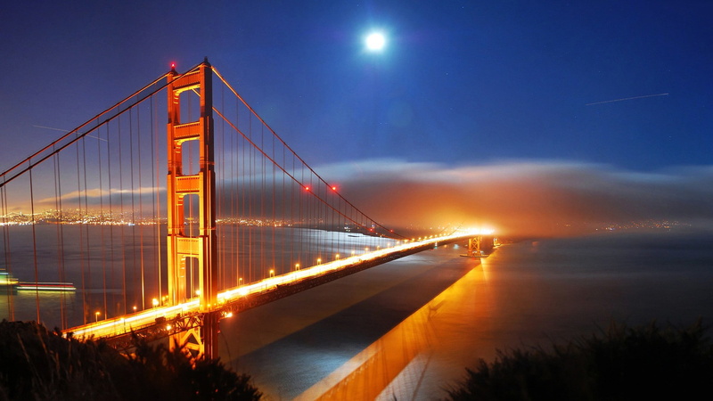 built structure, Golden Gate Bridge, clouds, bay, architecture, long exposure, moon, dusk, nature, connection, traffic, suspension bridge, bridge, sky