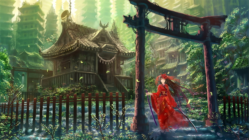 Weapon, Scenic, game, lifestyles, traditional clothing, architecture, day, Hinomoto Oniko, Original (Anime), 1080P, women, video, one person, real people