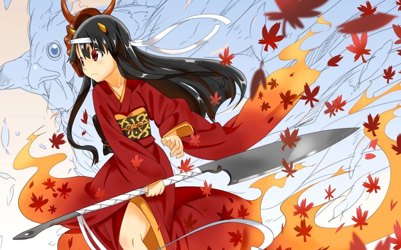 dress, clothes, hinomoto, eyes, leaves, yukata, oniko, anime, girls, red, japanese, 1080P, weapons