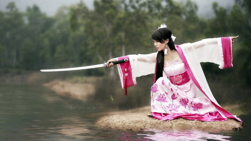 pink, kimono, katana, fantasy girl, women, 1080P, lotus flowers, sword, Asian