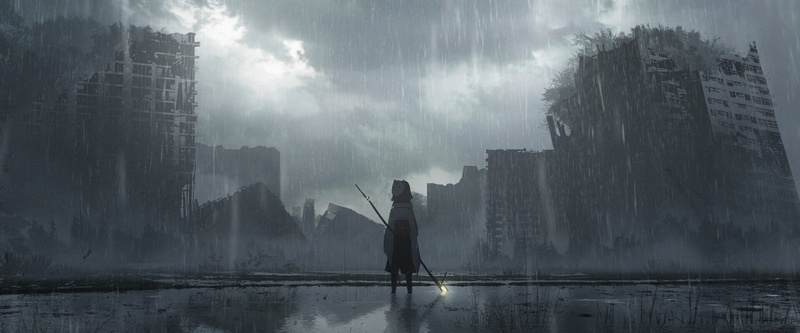 digital art, staff, rain, cityscape, 1080P, women, ruins, Astero