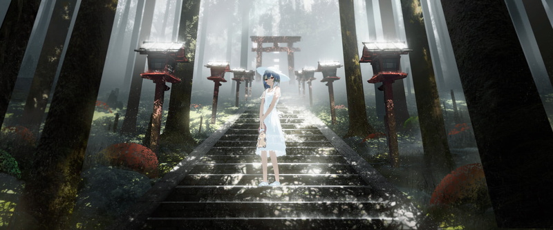 digital art, forest, stairs, torii, Astero, lantern, 1080P, women, dress