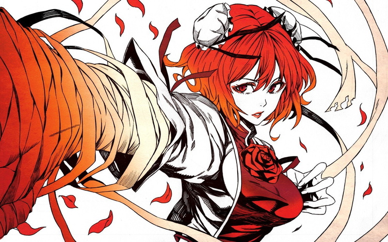 games, kasen, ribbons, redheads, petals, video, ibaraki, bun, hair, flowers, flower, ornaments, eyes, clothes, tabard, bandages, anime, girls, simple, touhou