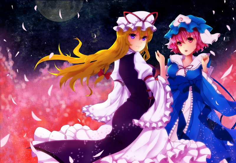 video, eyes, 720P, short, yuyuko, games, blondes, hair, ornaments, white, tabard, japanese, bows, pink, dress, purple, touhou, long, blossom, clothes