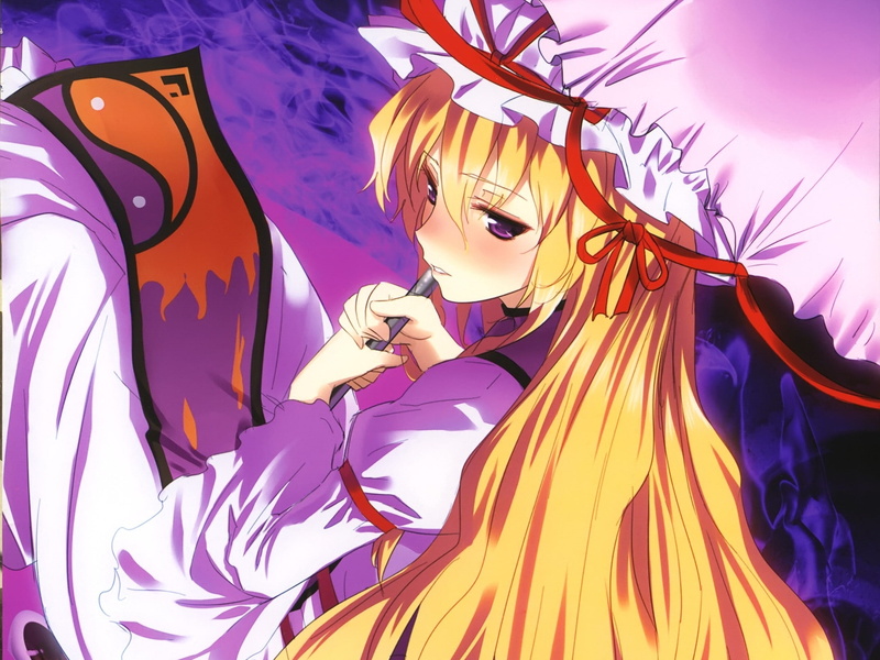anime, girls, umbrella, Touhou, hd, yukari, Anime Girls, art, video, tabard, Video Games, yakumo, games, Yakumo Yukari, 1080P, blondes, umbrellas
