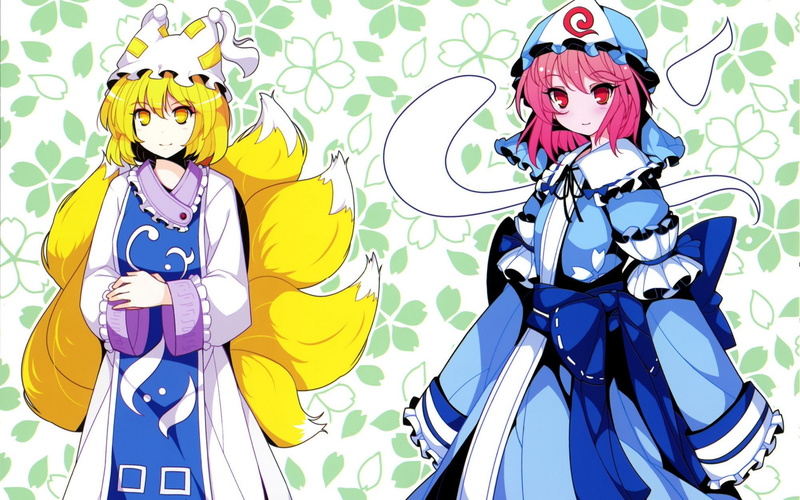tabard, red, video, hair, flower, japanese, fox, girls, ears, anime, 1080P, ideolo, yellow, hats, tails, short, eyes, kitsunemimi, petals, touhou, ran