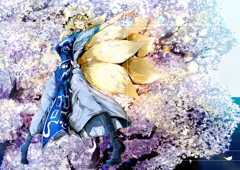 boots, yakumo, open, touhou, tabard, flower, cherry, blondes, dress, white, 720P, petals, yellow, video, hair, fox, mouth, hats, short, games, kitsunemimi