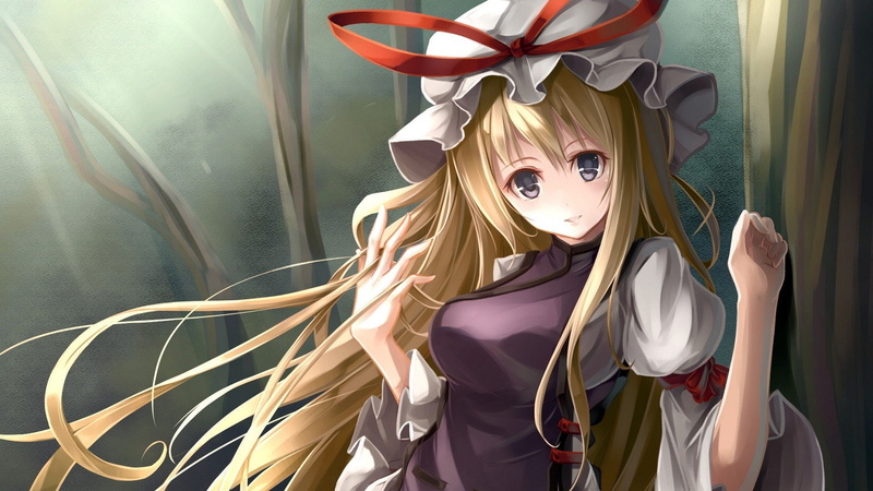 hats, video, ribbons, anime, hair, forests, yukari, 1080P, long, blondes, tabard, dress, fal, maro, games, bangs, girls, eyes, touhou, trees, yakumo, purple