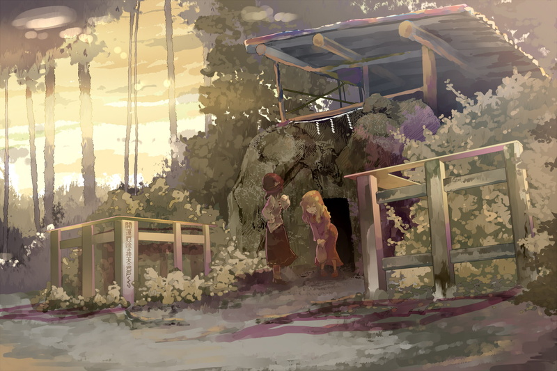 hat, renko, han, girls, forest, touhou, usami, dress, hmmuk, sunset, maribel, shinta, shade, 1080P