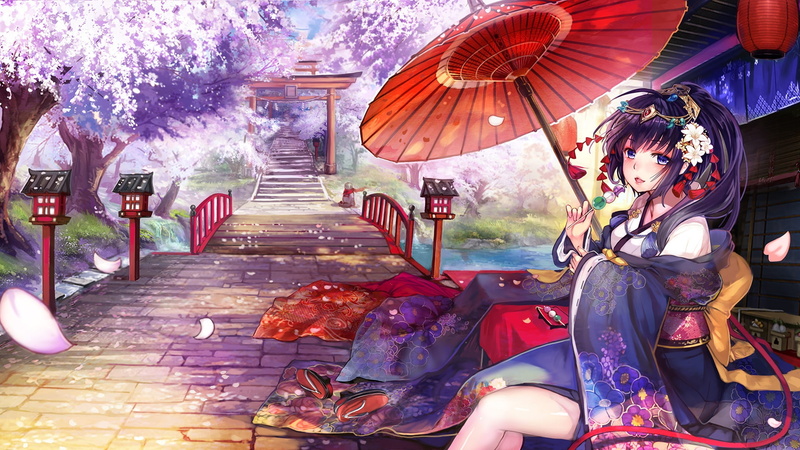 248692, umbrella, original, blossoms, com, cherry, eyes, food, stairs, konachan, petals, flowers, clothes, torii, blush, japanese, 1080P, spirtie, ponytail