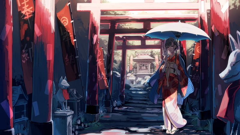1080P, statue, anime girls, torii, Japan, Japanese characters, red