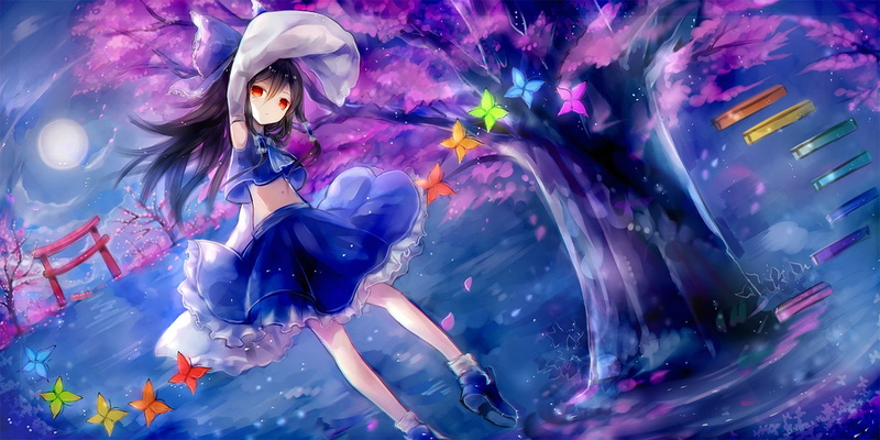 butterfly, torii, cherry, reimu, hakurei, touhou, blossoms, 720P, moon, tree, hanchan