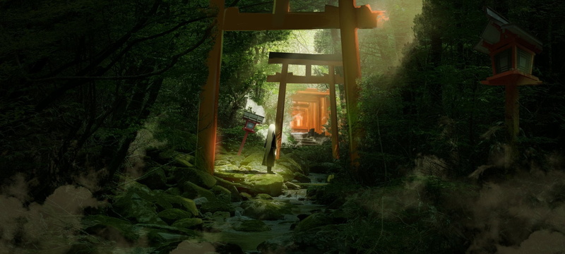Torii, religion, Tree, building exterior, Shrine, house, outdoors, Original (Anime), growth, day, Anime, illuminated, building, 1080P, garden, tranquility