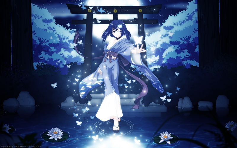 clothes, hatou, Dress, blue, flowers, japanese, water, yumei, 2K, hd, hair, ito, eyes, anime, akai, torii, girls, nature, art