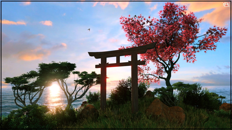 2K, sakura (tree), island, torii