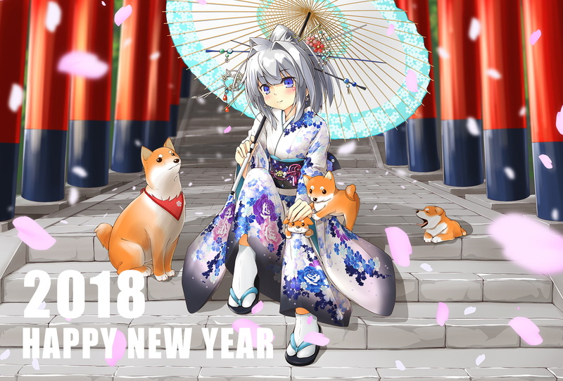 original, neko, gray, torii, kaeru, dog, animal, hair, short, japanese, com, 255986, eyes, kimono, umbrella, blue, clothes, 720P, petals, stairs, flowers