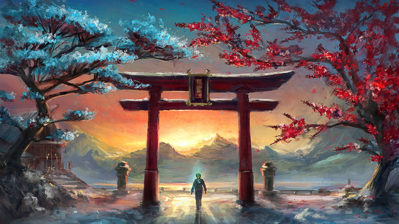 ArtStation, 1080P, landscape, torii, sunset, fantasy art, trees