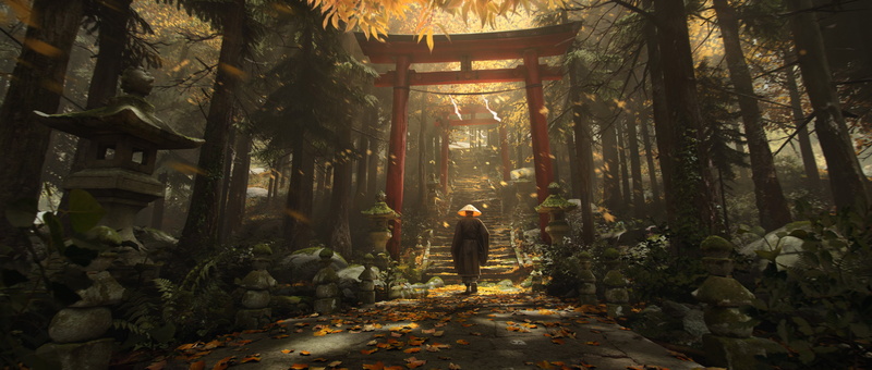 digital art, 4K, forest, torii, Florent Lebrun, stairs, Asian architecture