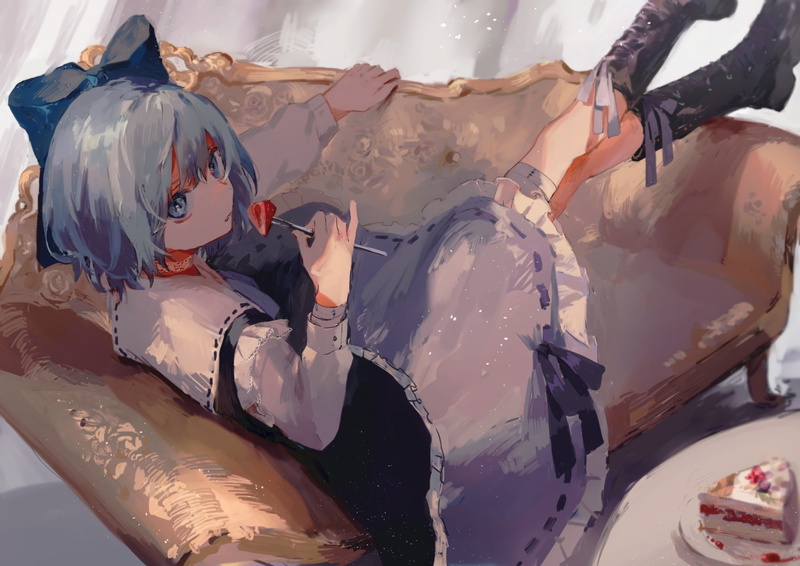 fruit, hair, touhou, food, dress, cake, 1080P, konachan, isshin, boots, cirno, bow, short, aqua, strawberry, (kaxz), fairy, couch, com, eyes, 243342