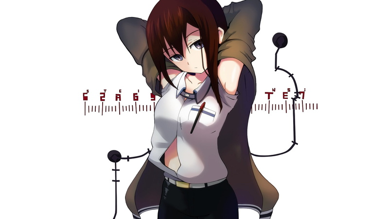 anime girls, microphone, front view, white color, real people, music, white background, studio shot, Makise Kurisu, one person, audio equipment, young adult