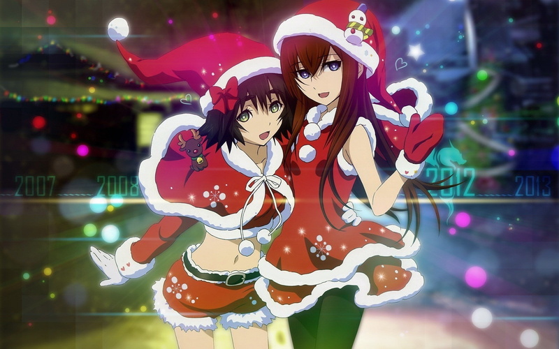 clothing, night, people, celebration, young couple, young adult, beautiful woman, couple - relationship, 1080P, shiina mayuri anime anime girls makise kurisu steinsgate christmas