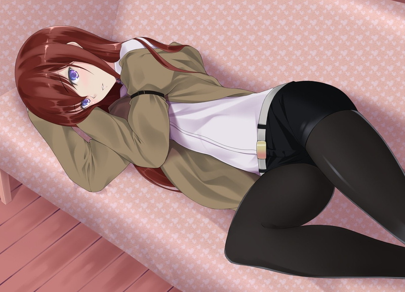 anime anime girls steinsgate makise kurisu, shoe, 720P, indoors, relaxation, real people, clothing, lifestyles, black color, pink color, textile, bed