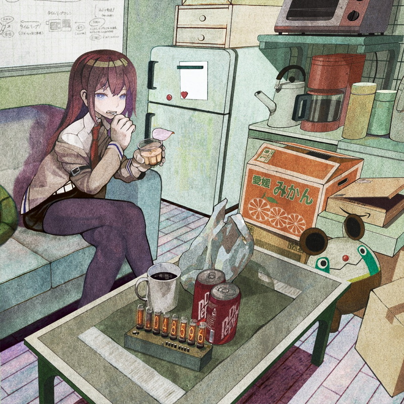 leisure activity, creativity, music, one person, anime girls, communication, sitting, lifestyles, glasses, mask, table, full length, Makise Kurisu, technology
