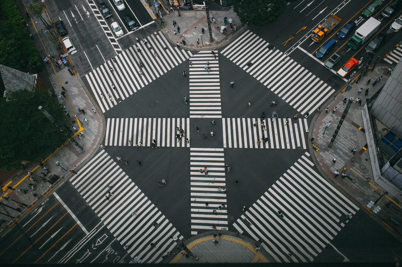 public, vehicle, drone view, people crossing, bird, city, outdoors, pedestrian crossing, outdoor, s, tokyo, built Structure, line, architecture, aerial View