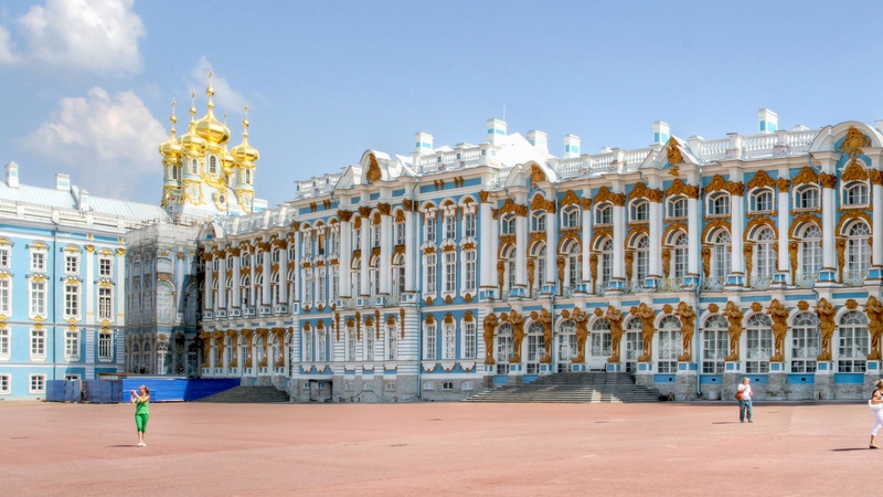 architecture, history, travel destinations, day, blue, clear sky, sky, 4K, built structure, building exterior, catherine, palace, panorama, incidental people