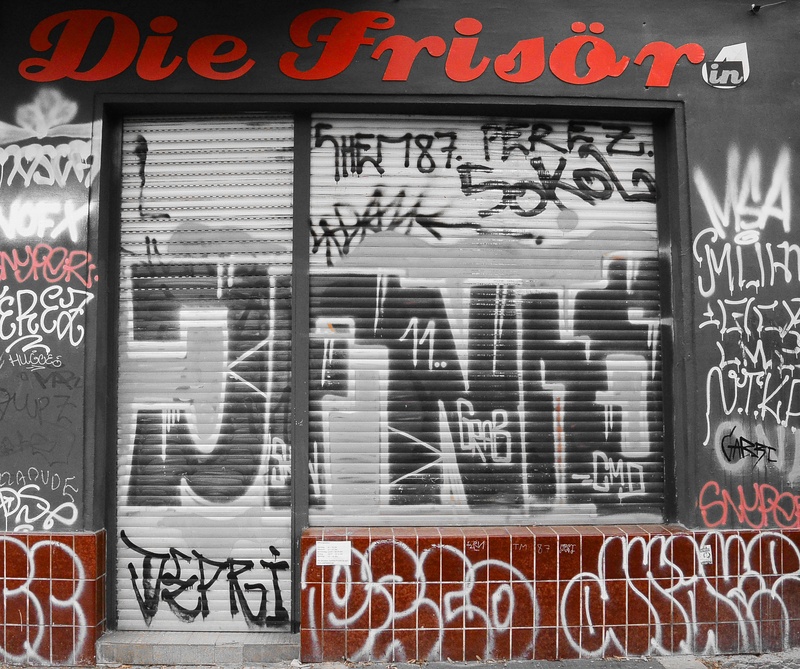 urban art, street art, hairdresser, architecture, window, mural, western script, house facade, text, food and drink, menu, building exterior, berlin, day