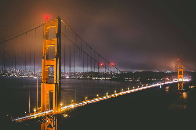 bridge, building exterior, golden gate bridge, suspension Bridge, urban Skyline, light trail, famous Place, cityscape, illuminated, sea, sky, outdoors