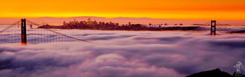 cloudy, san Francisco County, sunset, San Francisco, Fog, bridge, 4K, uSA, bridge - Man Made Structure, suspension Bridge, sea, dusk, panorama, Golden Gate Bridge