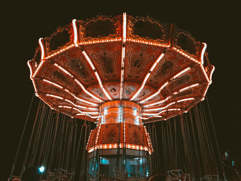 family, lighting equipment, friends, enjoyment, bright lights, low angle view, 4K, night, family fun, leisure activity, motion, fairground, swings, no people