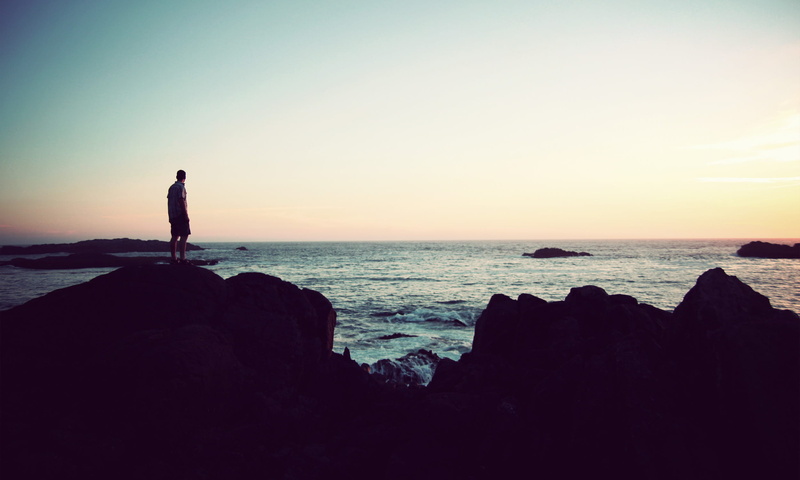 vista, tranquil scene, outdoors, real people, scenics - nature, dusk, beach, canada, wya point resort, looking at view, silhouette, rock, alone, ucluelet