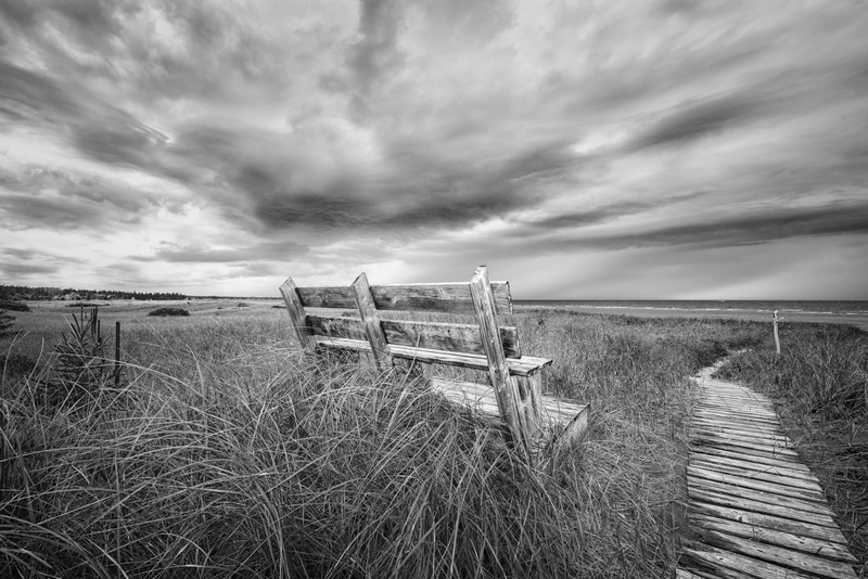 Cap-Pelé, point  grey, nature, grass, B and W, bench, cloud - Sky, wood - Material, explored, New Brunswick, landscape, path, 1080P, photo, Canada, Black and White