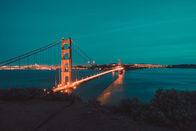 bay, suspension bridge, transportation, 5K, outdoors, landscape, night, sea, reflection, water, travel, golden gate bridge, travel destinations, nature