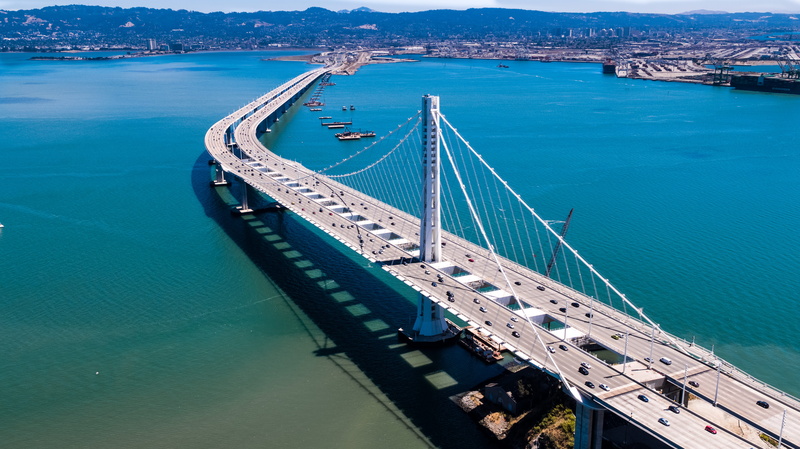  no people, travel, high angle view, nautical vessel, united states, drone, bridge - man made structure, bay bridge, sailboat, mode of transportation