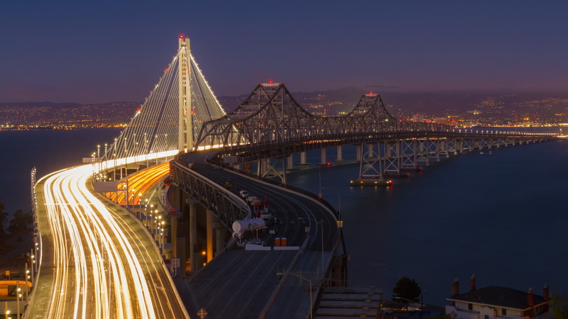 san francisco–oakland bay bridge, bridge - man made structure, travel destinations, city, connection, bridge, evening, california, modern, road, illuminated